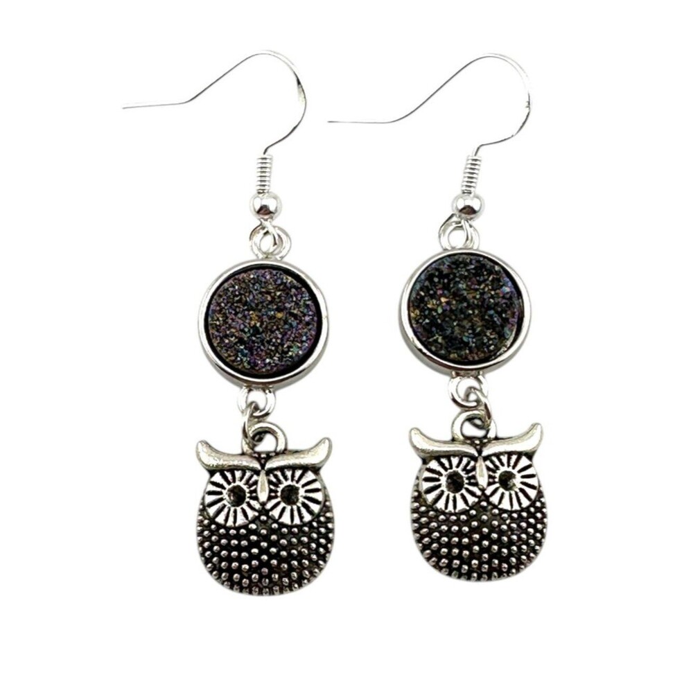 Peacock Druzy Owl Earrings 925 Sterling Silver Woodland Dangle Handmade 2" Drop